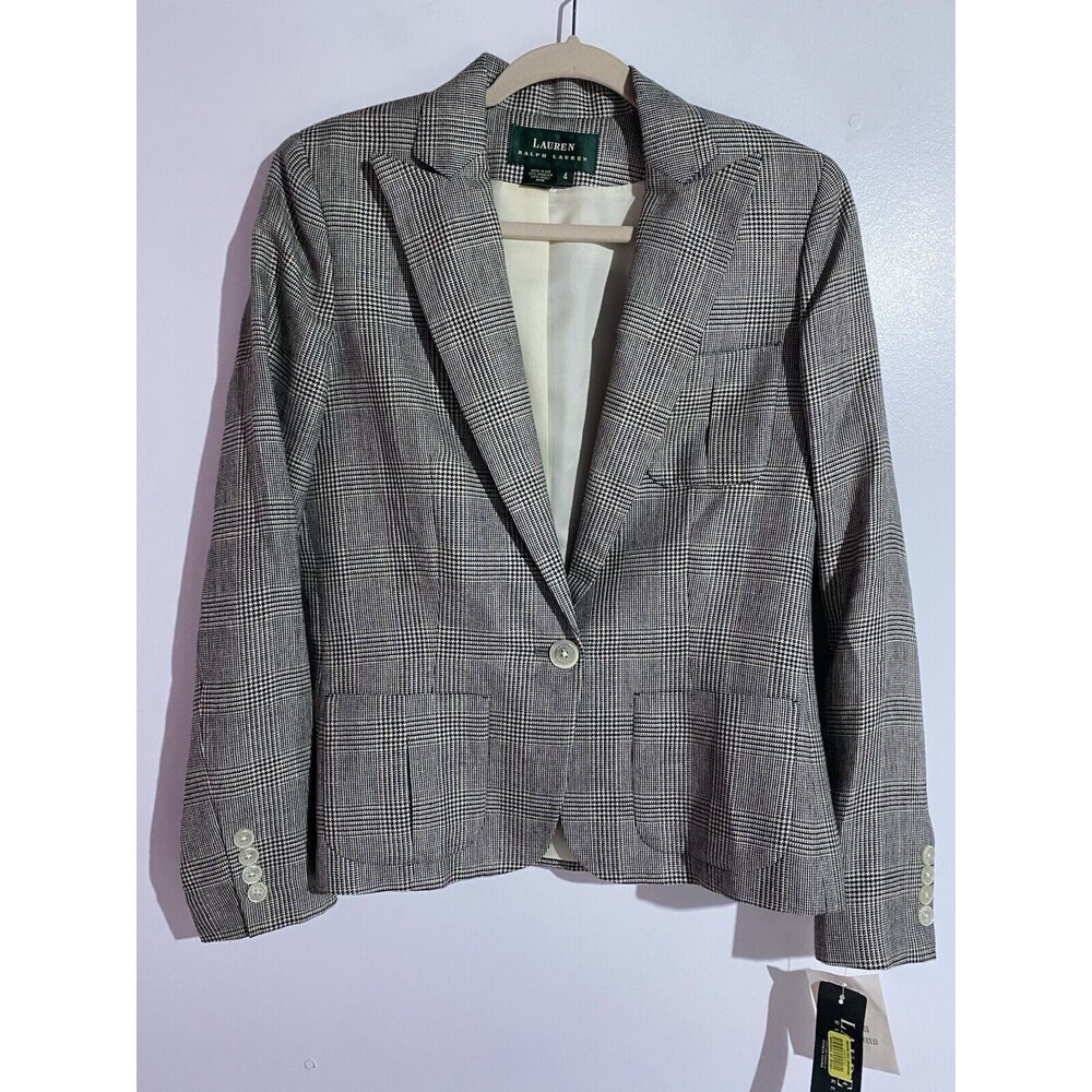 Vtg Ralph Lauren Blazer 4 Linen Wool Plaid Windowpane Retro Check Deadstock USA